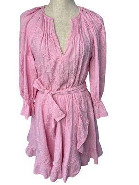 Maje Rybiza Belted Long Sleeve Pink Boho Romantic Ruffled Mini Dress Size 34